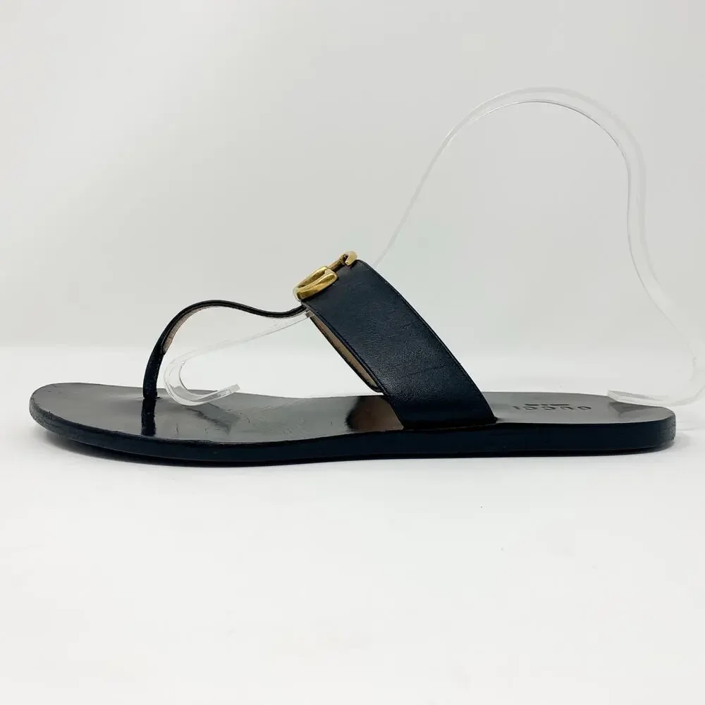 Gucci Marmont GG Black Leather Thong Sandals Gold Logo EU 38.5